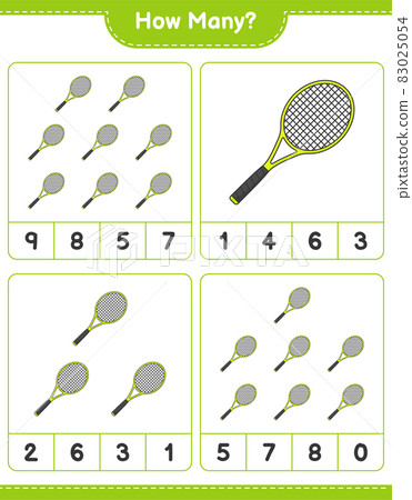 Counting game, how many Tennis Racket. Educational children game, printable worksheet, vector illustration Counting game, how many Tennis Racket. Educational children game, printable worksheet, vector illustration 83025054