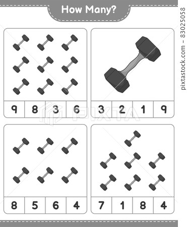 Counting game, how many Dumbbell. Educational children game, printable worksheet, vector illustration Counting game, how many Dumbbell. Educational children game, printable worksheet, vector illustration 83025058