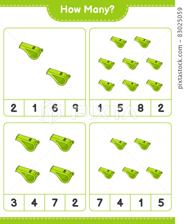 Counting game, how many Whistle. Educational children game, printable worksheet, vector illustration Counting game, how many Whistle. Educational children game, printable worksheet, vector illustration 83025059