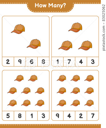 Counting game, how many Cap Hat. Educational children game, printable worksheet, vector illustration Counting game, how many Cap Hat. Educational children game, printable worksheet, vector illustration 83025062