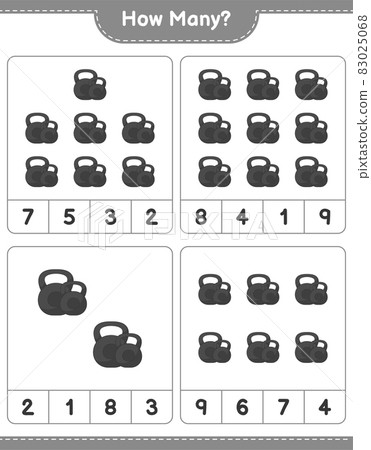 Counting game, how many Dumbbell. Educational children game, printable worksheet, vector illustration 83025068