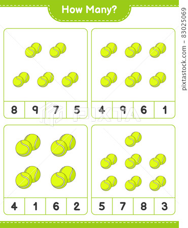 Counting game, how many Tennis Ball. Educational children game, printable worksheet, vector illustration Counting game, how many Tennis Ball. Educational children game, printable worksheet, vector illustration 83025069