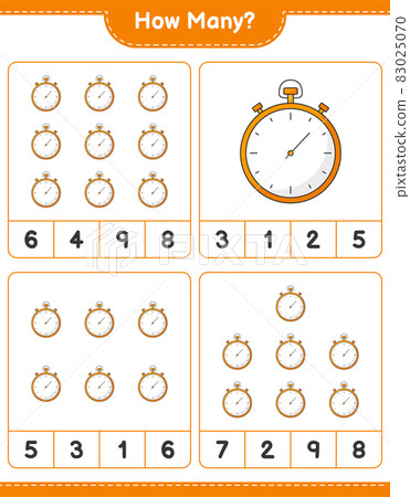 Counting game, how many Stopwatch. Educational children game, printable worksheet, vector illustration 83025070