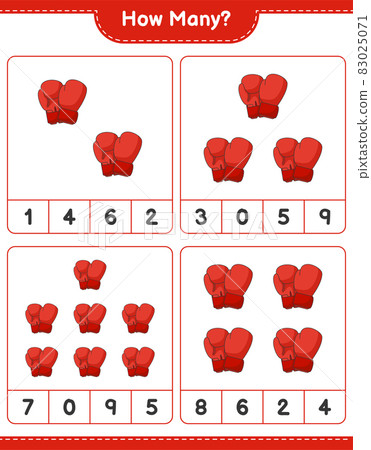 Counting game, how many Boxing Gloves. Educational children game, printable worksheet, vector illustration 83025071