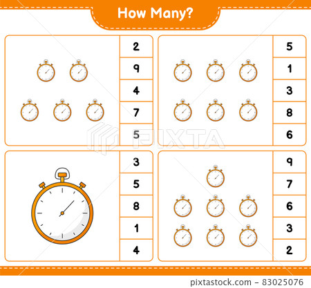 Counting game, how many Stopwatch. Educational children game, printable worksheet, vector illustration 83025076