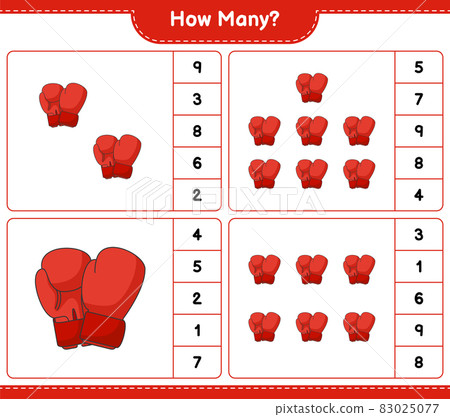 Counting game, how many Boxing Gloves. Educational children game, printable worksheet, vector illustration Counting game, how many Boxing Gloves. Educational children game, printable worksheet, vector illustration 83025077
