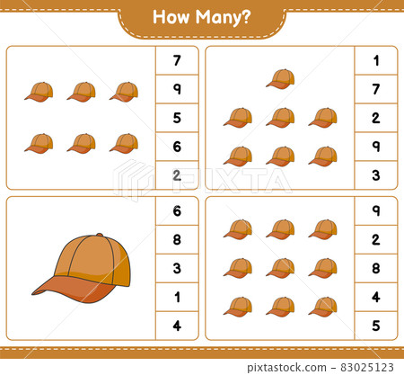 Counting game, how many Cap Hat. Educational children game, printable worksheet, vector illustration Counting game, how many Cap Hat. Educational children game, printable worksheet, vector illustration 83025123