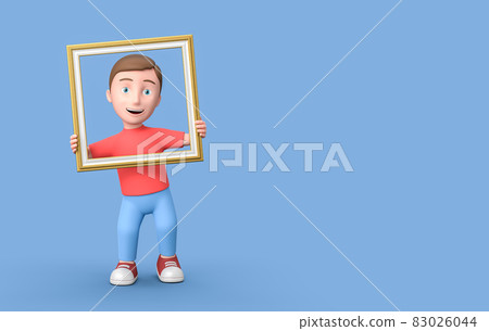3D Cartoon Character into a Picture Frame on Blue Background with Copy Space 83026044