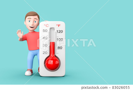 Young 3D Cartoon Character with Thermometer on Blue Background with Copy Space Young 3D Cartoon Character with Thermometer on Blue Background with Copy Space 83026055
