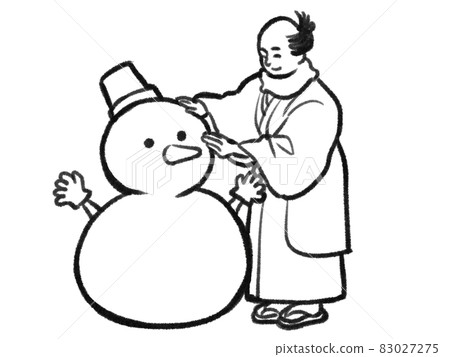 Illustration of a person making a snowman with a Japanese painting touch 83027275