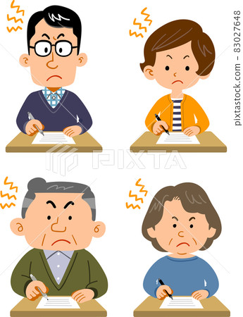 A set of young men and women and senior men and women filling out documents with a frustrated look A set of young men and women and senior men and women filling out documents with a frustrated look 83027648