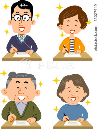 A set of young men and women and senior men and women filling out documents with a refreshing smile A set of young men and women and senior men and women filling out documents with a refreshing smile 83027649