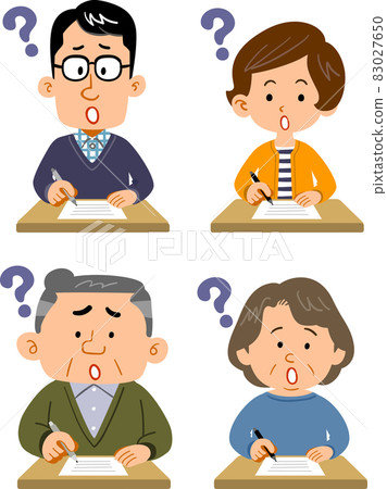 A set of young men and women and senior men and women who fill out documents with doubts A set of young men and women and senior men and women who fill out documents with doubts 83027650