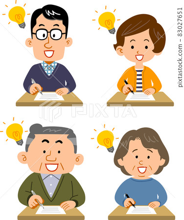 A set of young men and women and senior men and women who fill out documents with a noticed expression A set of young men and women and senior men and women who fill out documents with a noticed expression 83027651