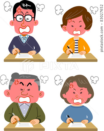 A set of young men and women and senior men and women filling out documents with an angry look A set of young men and women and senior men and women filling out documents with an angry look 83027652