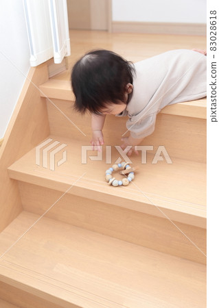 Image of a baby in the second half of life who is likely to fall down the stairs and get injured 83028618