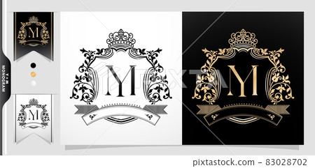 illustration of a crown, YM or MY initial letter with crown and ornament illustration, graphic name Frames and Border of floral designs, applicable for Monogram, for insignia, wedding couple name 83028702