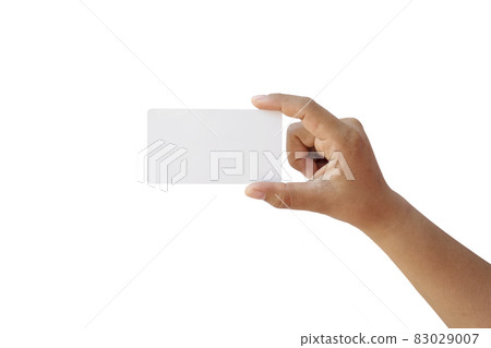 hand holding blank card on white background with the clipping path. 83029007