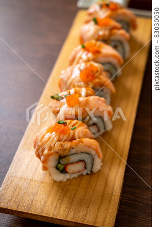 grilled salmon sushi roll with sauce grilled salmon sushi roll with sauce 83030050