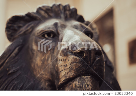 closeup of bronze lion statue head 83033340