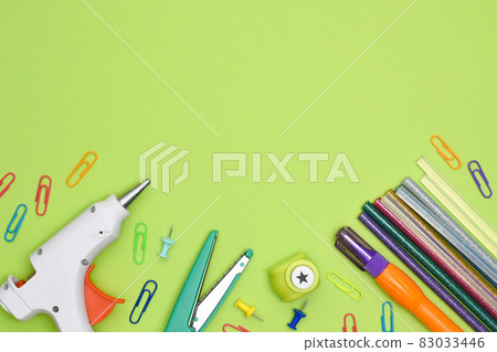 Tools and stationery items for creating cards and presents top view. 83033446