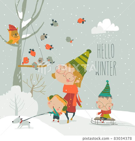 Cute Cartoon Mother walking with Their Children in Winter Forest Cute Cartoon Mother walking with Their Children in Winter Forest 83034378