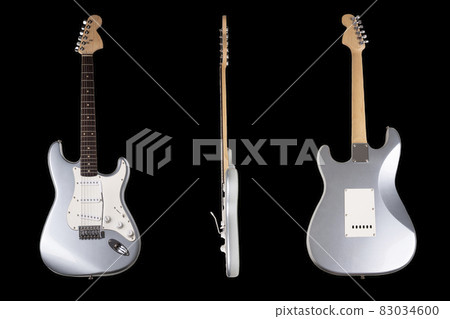 Silver electric guitar front, side and back view isolated on black background.. Silver electric guitar front, side and back view isolated on black background.. 83034600