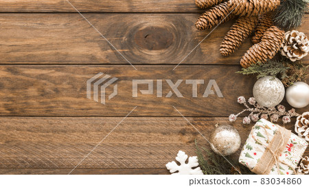 gift box with shiny baubles cones. High quality and resolution beautiful photo concept gift box with shiny baubles cones. High quality and resolution beautiful photo concept 83034860