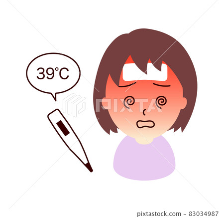 Illustration of a girl with a high fever and a bright red face 83034987