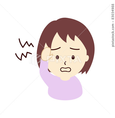 Illustration of a girl holding her forehead with a headache 83034988