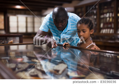 Man and his daughter looking at showcase with exhibits 83036036