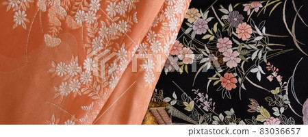 Kimono and obi, black tomesode and floral obi, background material Kimono and obi, black tomesode and floral obi, background material 83036657
