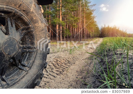 Clode-up detail of ATV awd quadbike motorcycle pov tyre view dirt country forest road beautiful nature morning sunrise landscape. Offroad travel adventure trip expedition. Extreme recreation activity 83037989