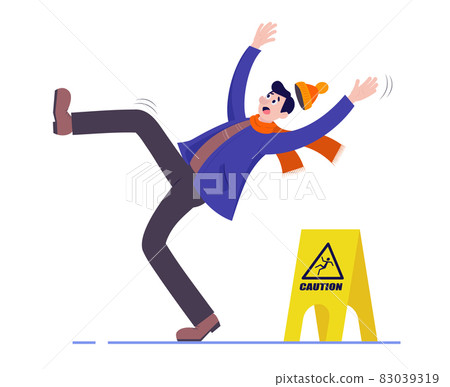 The man slips and falls on the wet floor. A sign of caution. Vector illustration 83039319