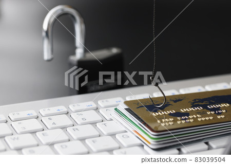 Plastic bank credit cards and fishhook on computer keyboard Plastic bank credit cards and fishhook on computer keyboard 83039504