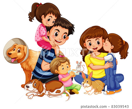 Happy family with their pets on white background 83039543