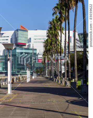 Scenery of Osaka Nanko with a row of palm trees Stock Photo