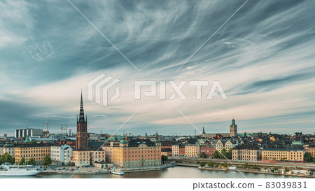 Stockholm, Sweden. Scenic Famous View Of Embankment In Old Town Of Stockholm At Summer. Gamla Stan In Summer Evening. Famous Popular Destination Scenic Place And UNESCO World Heritage Site 83039831