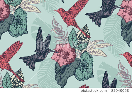 Beautiful seamless pattern with tropical flowers, hummingbird, jungle palm, monstera, exotic leaves. 83040068