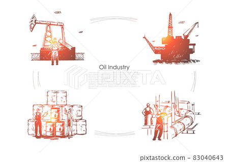 Gas production plant, workers at pipeline, industrial equipment, drilling platform, rig, fuel pump banner template 83040643