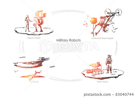 Military robots - robots in battle, underwater sapper, roket attack, air drones vector concept set Military robots - robots in battle, underwater sapper, roket attack, air drones vector concept set 83040744