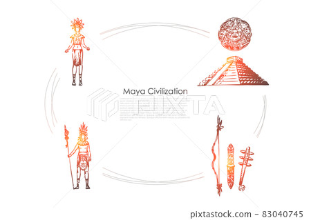 Maya civilization - Maya people, tools and pyramid vector concept set 83040745