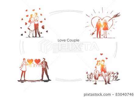 Love couple - loving romantic couple walking outdoor and hugging each other vector concept set 83040746