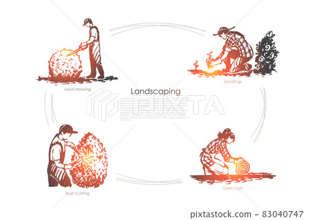 Landscaping- lawn mowing, seedlings, lawn lash, bush cutting vector concept set 83040747