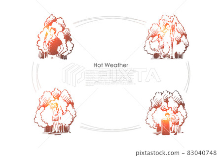 Hot weather- people eating ice cream, playing with fountain, drinking much water on summer vector concept set 83040748