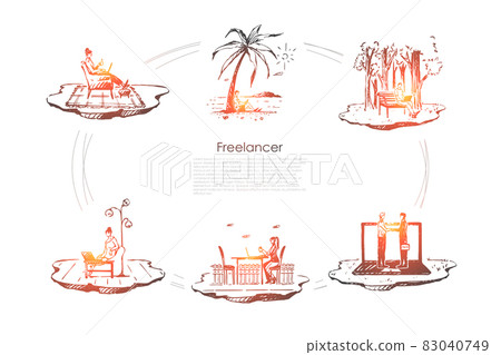 Freelancer - people working with laptops on nature outdoors and in comfortable places vector concept set 83040749