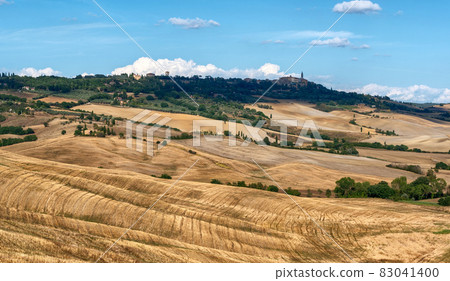 Tuscany, Italy. August 2020. Amazing landscape of the Tuscan countryside with the typical rolling hills and cypresses to mark the boundaries. Tuscany, Italy. August 2020. Amazing landscape of the Tuscan countryside with the typical rolling hills and cypresses to mark the boundaries. 83041400