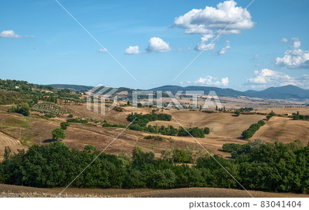 Tuscany, Italy. August 2020. Amazing landscape of the Tuscan countryside with the typical rolling hills and cypresses to mark the boundaries. Tuscany, Italy. August 2020. Amazing landscape of the Tuscan countryside with the typical rolling hills and cypresses to mark the boundaries. 83041404