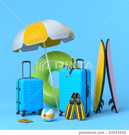 Suitcase with beach umbrella and surf board on blue background. 3D render of summer vacation concept and holidays 83041648