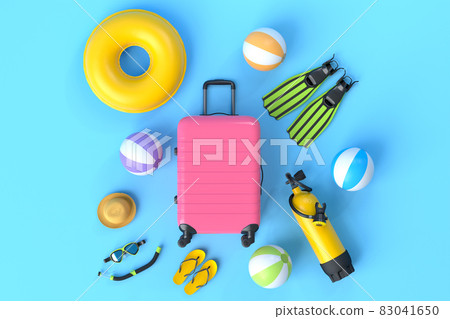 Colorful suitcase or baggage with beach accessories on blue background. 3D render of summer vacation concept and holidays 83041650